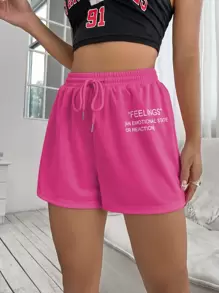 SHEIN Unity Drawstring Waist Slogan Graphic Track Shorts - Hot Pink - View 1
