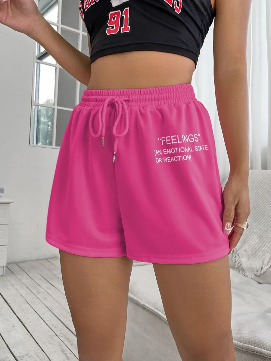 SHEIN Unity Drawstring Waist Slogan Graphic Track Shorts - Hot Pink - View 1