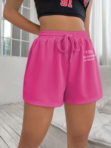 SHEIN Unity Drawstring Waist Slogan Graphic Track Shorts - Hot Pink - View 3