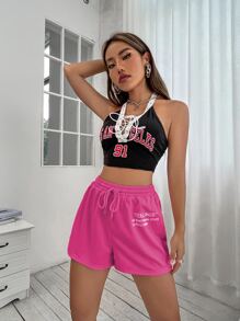 SHEIN Unity Drawstring Waist Slogan Graphic Track Shorts - Hot Pink - View 6