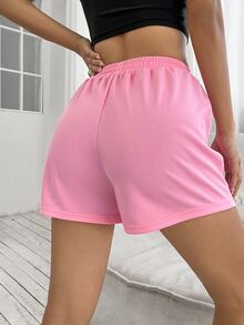 SHEIN Unity Shorts deportivos de cintura con cordón con estampado de slogan - Rosa Pálido - Ver 2