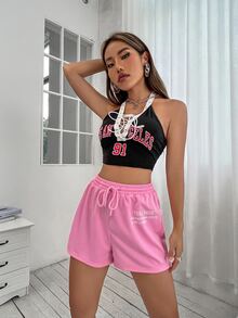 SHEIN Unity Shorts deportivos de cintura con cordón con estampado de slogan - Rosa Pálido - Ver 4
