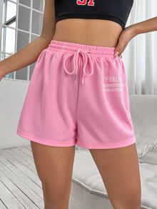 SHEIN Unity Shorts deportivos de cintura con cordón con estampado de slogan - Rosa Pálido - Ver 5