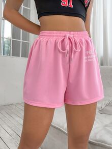 SHEIN Unity Shorts deportivos de cintura con cordón con estampado de slogan - Rosa Pálido - Ver 6