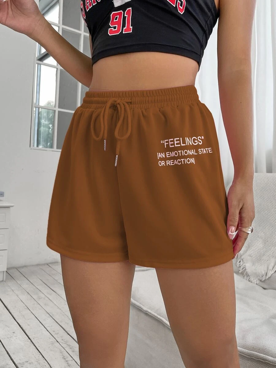 SHEIN Unity Shorts deportivos de cintura con cordón con estampado de slogan - Café integral - Ver 1