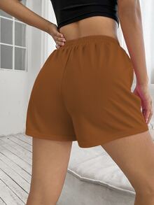 SHEIN Unity Shorts deportivos de cintura con cordón con estampado de slogan - Café integral - Ver 2