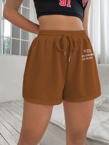 SHEIN Unity Shorts deportivos de cintura con cordón con estampado de slogan - Café integral - Ver 4