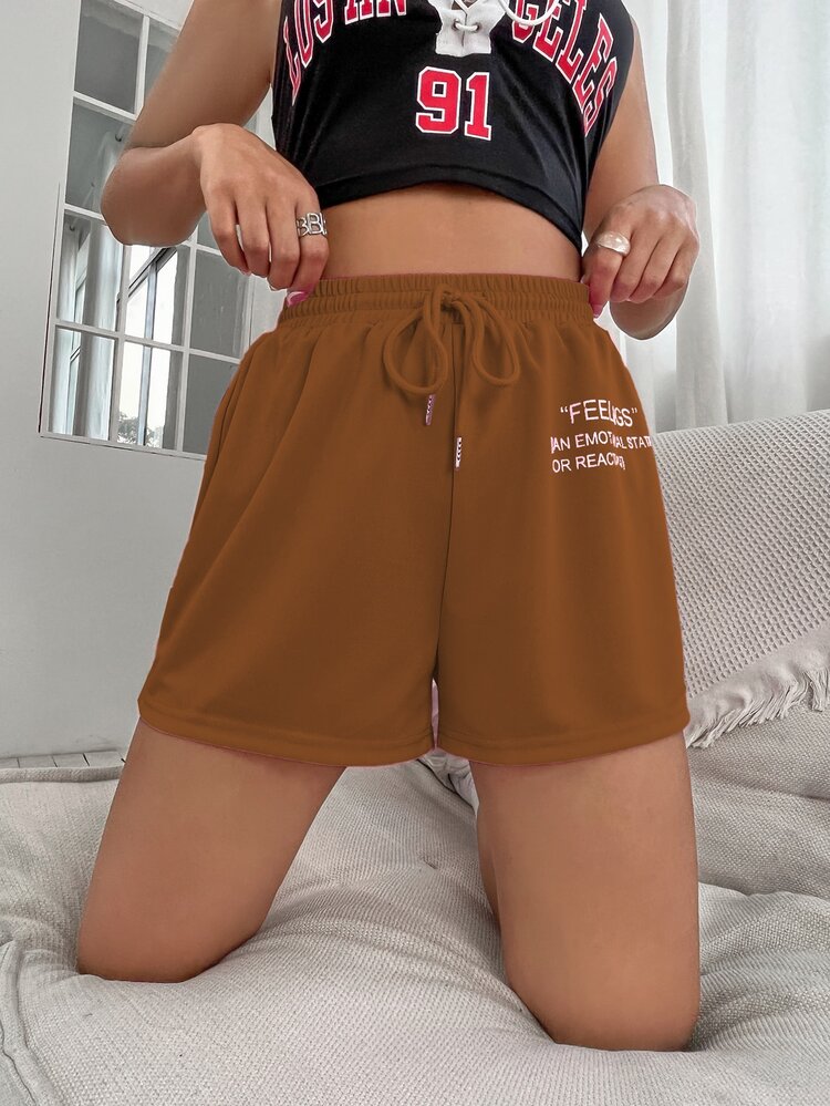 SHEIN Unity Drawstring Waist Slogan Graphic Track Shorts - Coffee Brown - View 3