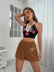 SHEIN Unity Shorts deportivos de cintura con cordón con estampado de slogan - Café integral - Ver 5