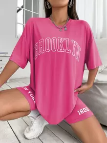 Drop Shoulder Letter Graphic Top And Cycling Shorts Set - Pink - View 3