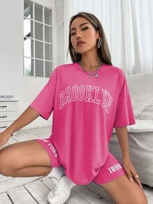 Drop Shoulder Letter Graphic Top And Cycling Shorts Set - Pink - View 4