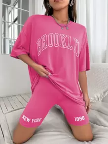 Drop Shoulder Letter Graphic Top And Cycling Shorts Set - Pink - View 1
