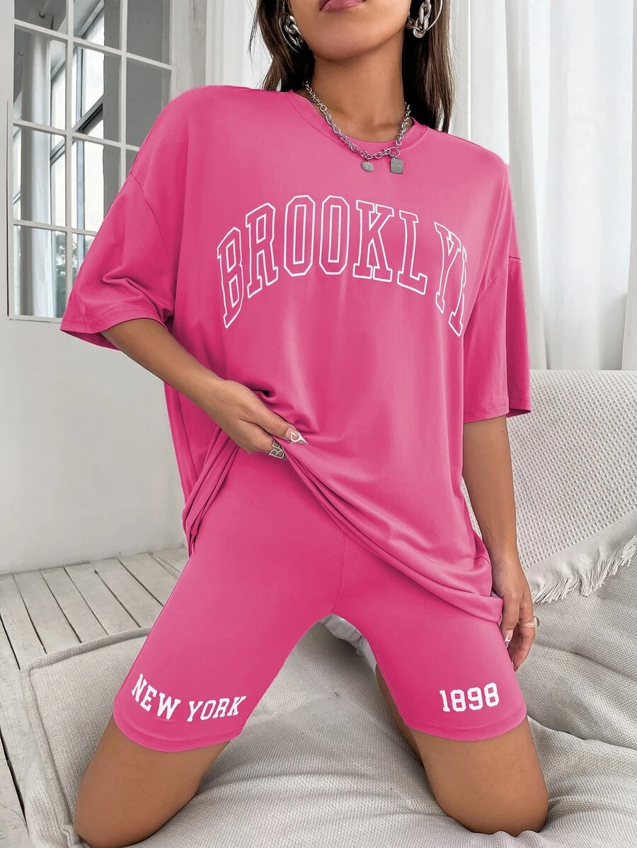 Drop Shoulder Letter Graphic Top And Cycling Shorts Set - Pink - View 1