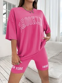 Drop Shoulder Letter Graphic Top And Cycling Shorts Set - Pink - View 5
