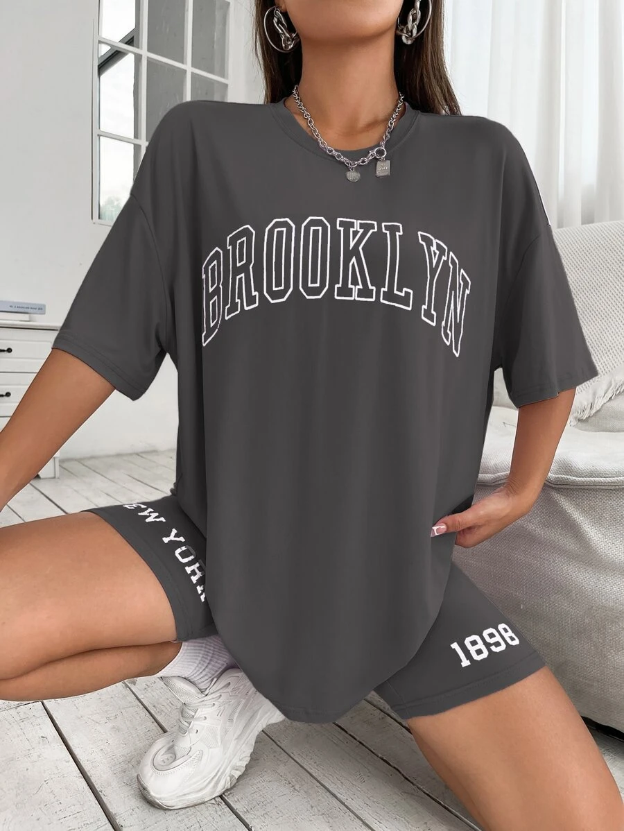 Drop Shoulder Letter Graphic Top And Biker Shorts Set - Dark Grey - View 1