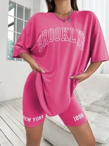 Drop Shoulder Letter Graphic Top And Cycling Shorts Set - Pink - View 6