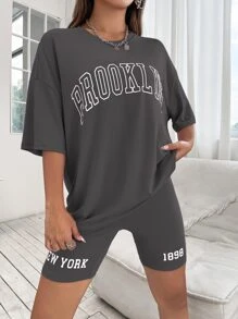 Drop Shoulder Letter Graphic Top And Biker Shorts Set - Dark Grey - View 3