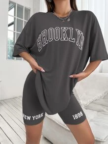 Drop Shoulder Letter Graphic Top And Biker Shorts Set - Dark Grey - View 4