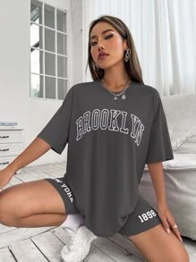 Drop Shoulder Letter Graphic Top And Biker Shorts Set - Dark Grey - View 5