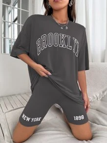 Drop Shoulder Letter Graphic Top And Biker Shorts Set - Dark Grey - View 6