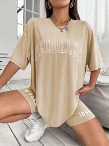 Drop Shoulder Letter Graphic Top And Biker Shorts Set - Apricot - View 3