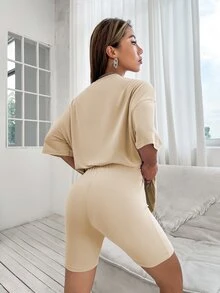 Drop Shoulder Letter Graphic Top And Biker Shorts Set - Apricot - View 2
