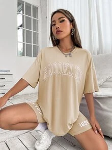 Drop Shoulder Letter Graphic Top And Biker Shorts Set - Apricot - View 4