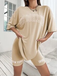 Drop Shoulder Letter Graphic Top And Biker Shorts Set - Apricot - View 5