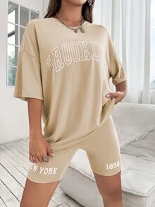 Drop Shoulder Letter Graphic Top And Biker Shorts Set - Apricot - View 6