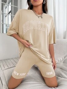 Drop Shoulder Letter Graphic Top And Biker Shorts Set - Apricot - View 1