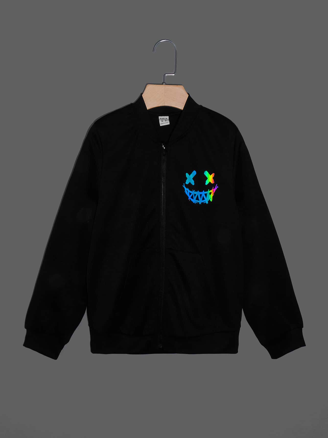 SHEIN Boys Reflective Expression Print Zipper Bomber Jacket - Black - View 1