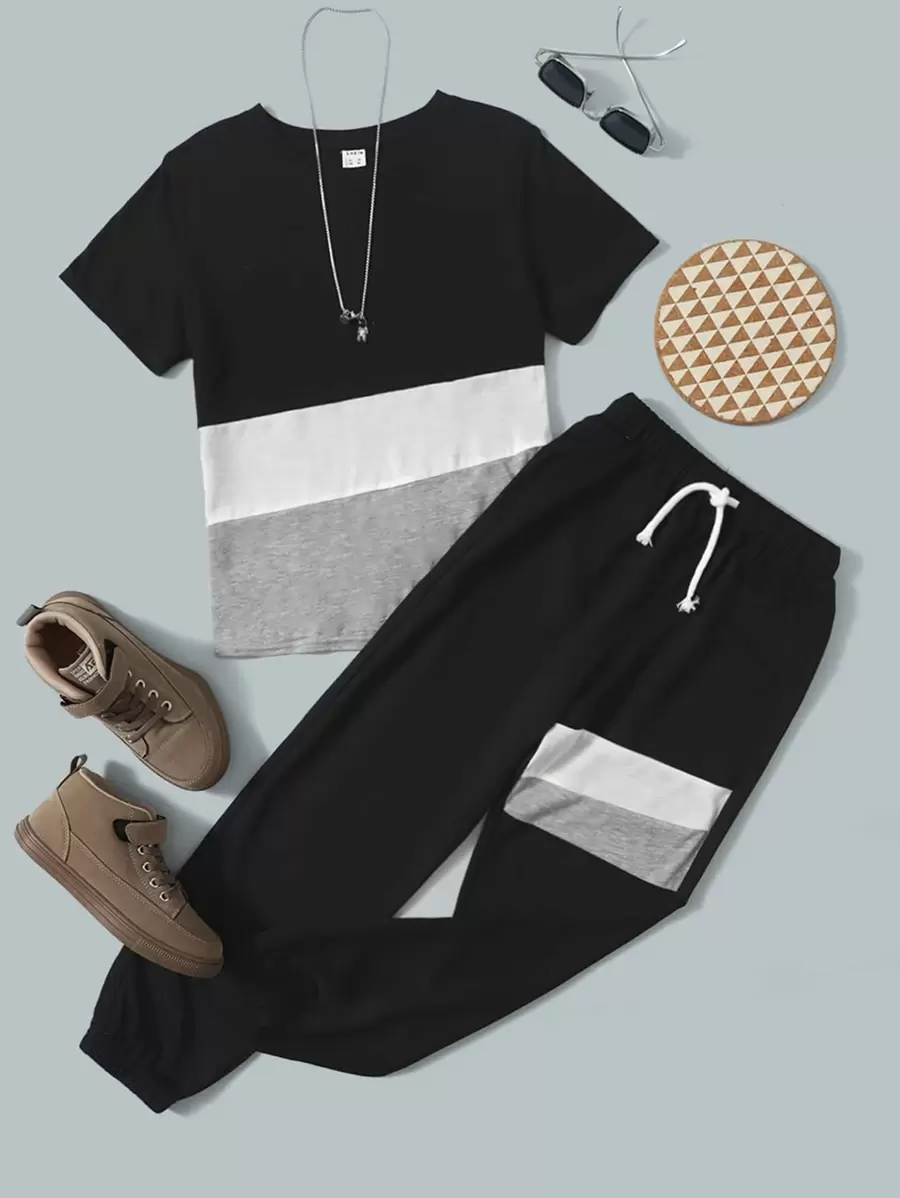 SHEIN Leap Crew Bộ 2 áo phông màu trơn đơn giản cho bé trai và quần cạp rút - Nhiều màu - Xem 1