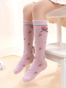 1pair Kids Floral Jacquard Bowknot Decorated High Tube Socks - Pink - View 3