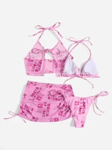 Pretty Bratty Y2K Revival Letter Halter Tie Side Summer Beach Bikini Set & Drawstring Ruched Cover Up Set - Pink - View 2