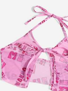 Pretty Bratty Y2K Revival Letter Halter Tie Side Summer Beach Bikini Set & Drawstring Ruched Cover Up Set - Pink - View 3