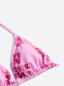 Pretty Bratty Y2K Revival Letter Halter Tie Side Summer Beach Bikini Set & Drawstring Ruched Cover Up Set - Pink - View 4