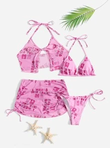 Pretty Bratty Y2K Revival Letter Halter Tie Side Summer Beach Bikini Set & Drawstring Ruched Cover Up Set - Pink - View 5