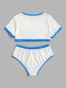 ROMWE Anime Conjunto de pijama con estampado de figura de dibujos animados unido en contraste - Azul y blanco - Ver 2