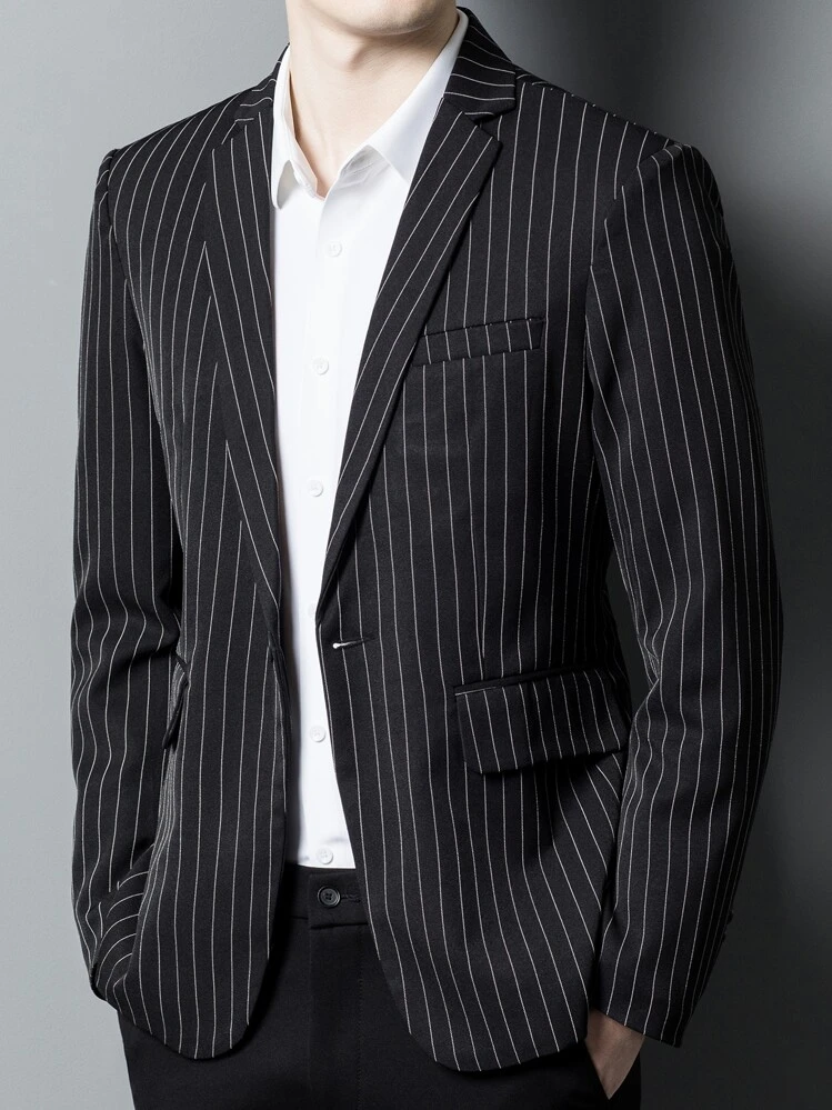 Hombres Blazer con estampado de rayas con diseño de solapa - Negro - Añade 1