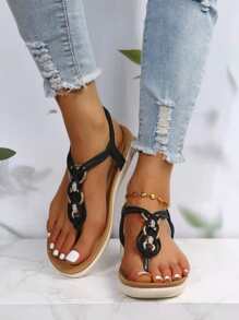 Women Metal Decor Toe Post Sandals, Fashion Summer Thong Sandals - Black - View 3