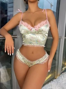 Floral Print Contrast Lace Frill Trim Satin Lingerie Set - Mint Green - View 5