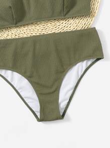Swim Lushoire Summer Beach Plus Size Textured High Waist Bikini Set - Army Green - View 4