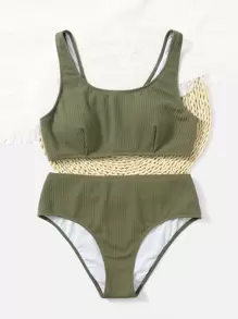 Swim Lushoire Summer Beach Plus Size Textured High Waist Bikini Set - Army Green - View 5