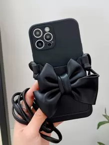 Ốp điện thoại có khe cắm thẻ trang trí nơ có dây buộc Tương thích với iPhone15/15Plus/15Pro/15Promax - màu đen - Xem 1
