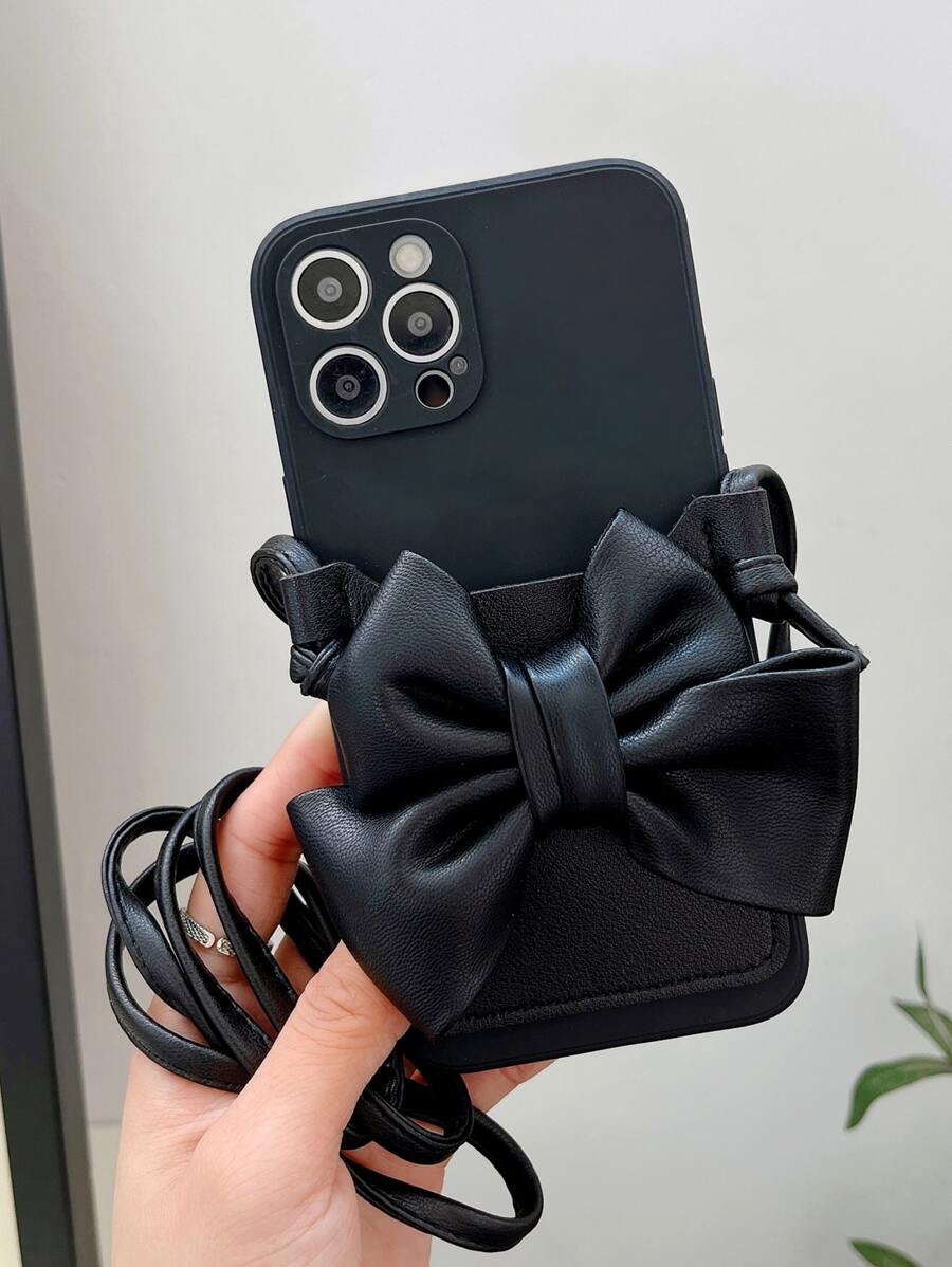 Ốp điện thoại có khe cắm thẻ trang trí nơ có dây buộc Tương thích với iPhone15/15Plus/15Pro/15Promax - màu đen - Xem 1