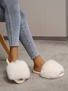 Women's Fashionable And Comfortable Open-toe White Suede Flat Anti-slip Home Slippers - White - View 3