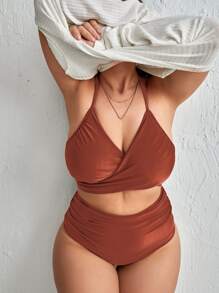 SHEIN Swim Curve Plus Solid Bikini Set Wrap Halter Bra & Ruched High Waisted Bottom 2 Piece Bathing Suit - Brown - View 1