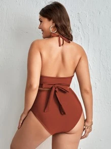 SHEIN Swim Curve Plus Solid Bikini Set Wrap Halter Bra & Ruched High Waisted Bottom 2 Piece Bathing Suit - Brown - View 2