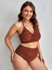 SHEIN Swim Curve Plus Solid Bikini Set Wrap Halter Bra & Ruched High Waisted Bottom 2 Piece Bathing Suit - Brown - View 3