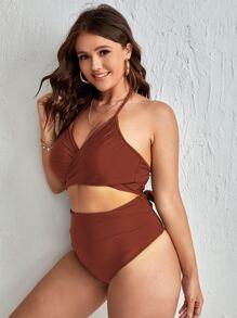 SHEIN Swim Curve Plus Solid Bikini Set Wrap Halter Bra & Ruched High Waisted Bottom 2 Piece Bathing Suit - Brown - View 4